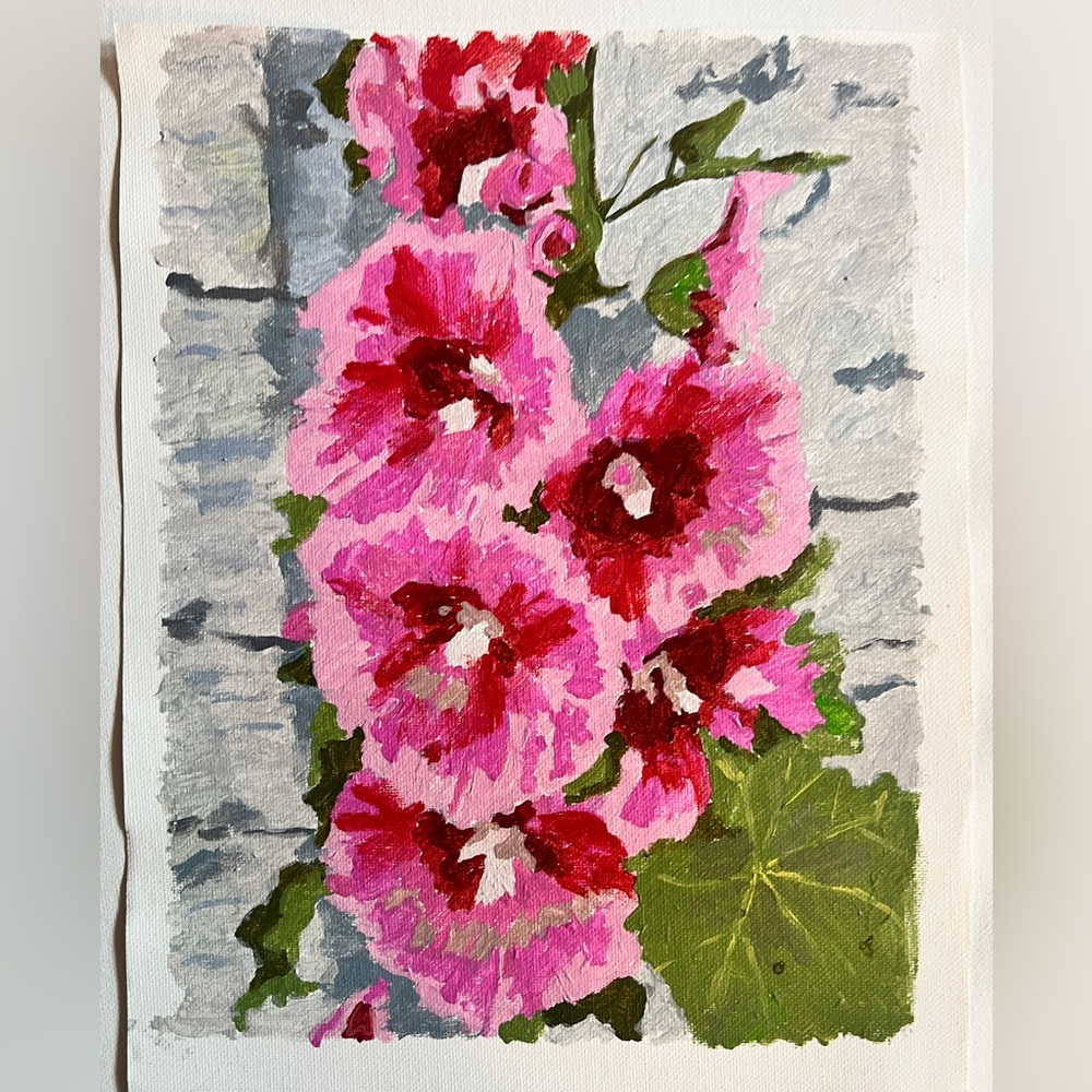 Pink Hollyhocks Original Canvas Painting by Brittony Martin